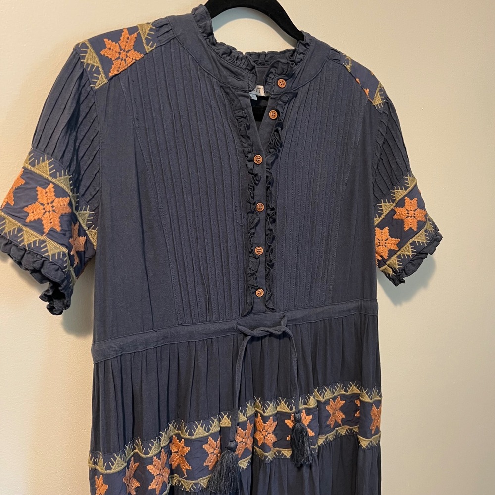 Ivy City Co Navy Blue Embroidered Cotton Gauze Tiered Midi Dress Boho Womens L - Picture 4 of 10